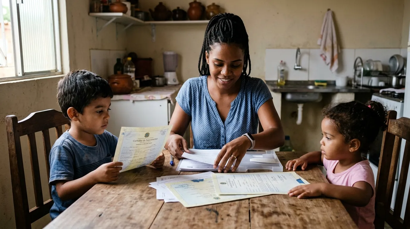 Mãe jovem e dois filhos pequenos sentados à mesa de uma cozinha simples, organizando documentos e certidões sob luz natural suave da janela, ambiente humilde e acolhedor, foco nos papéis sobre a mesa