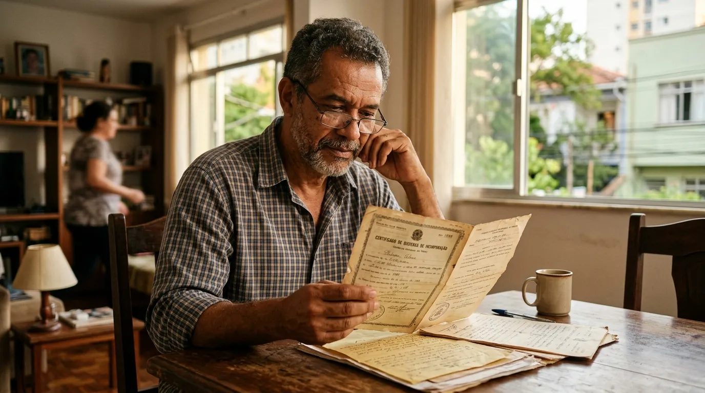 Homem brasileiro na faixa dos cinquenta anos sentado à mesa de casa examinando um antigo certificado de reservista e documentos, luz quente de fim de tarde pela janela, expressão concentrada e serena