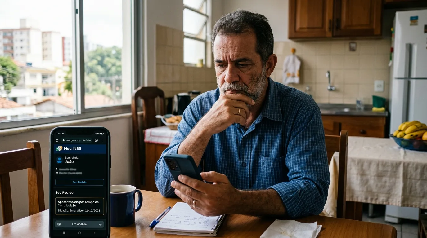 Homem de meia-idade sentado em uma mesa de cozinha olhando preocupado para o celular com o aplicativo Meu INSS aberto, luz natural de janela ao lado, expressão de dúvida
