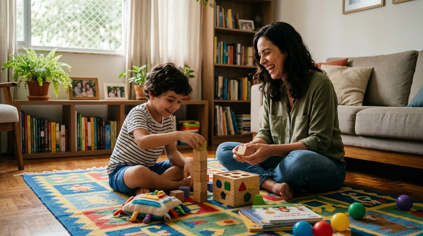 Mãe sorrindo enquanto brinca com o filho autista em um tapete colorido na sala de casa, luz natural suave pela janela, brinquedos educativos ao redor, clima acolhedor e tranquilo