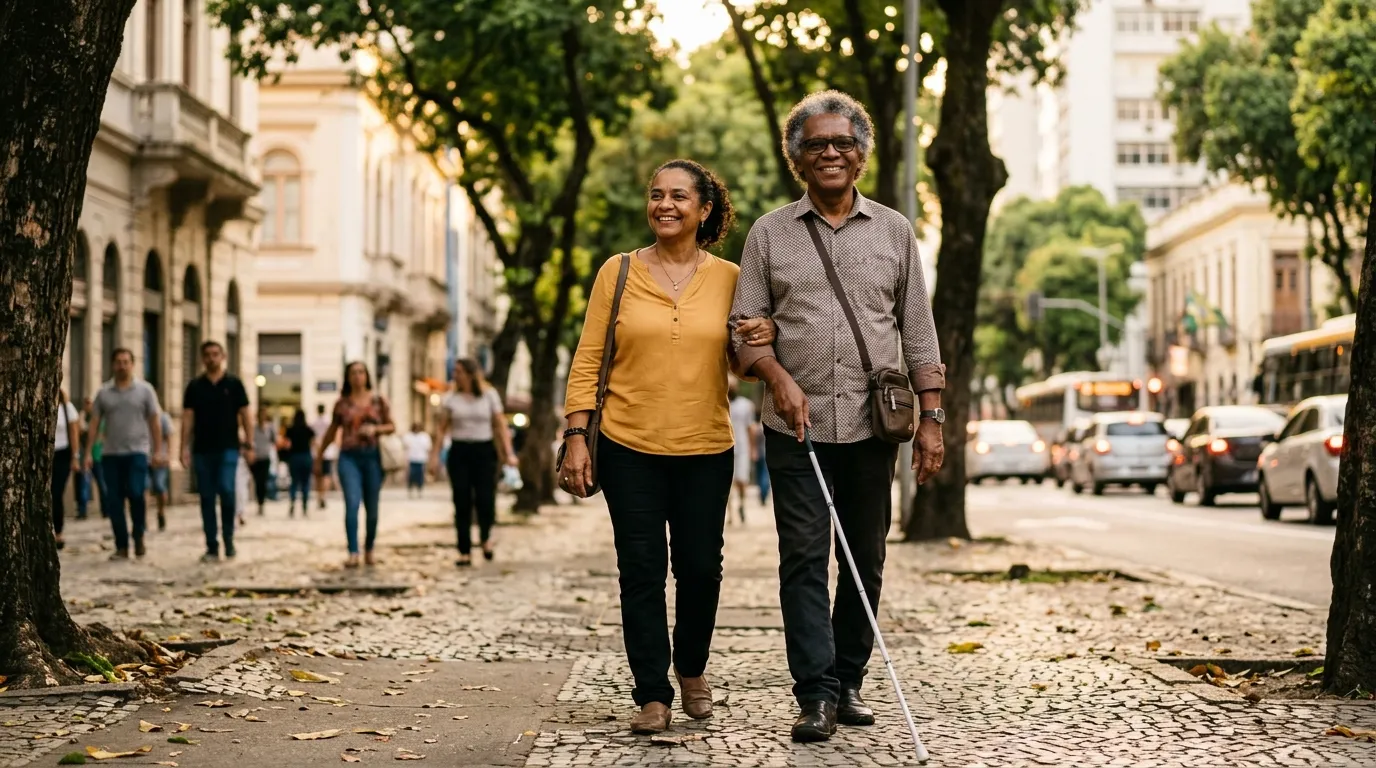 Homem cego usando bengala branca caminhando com apoio de familiar em calçada arborizada, luz quente de fim de tarde, expressão confiante e serena, fundo urbano levemente desfocado
