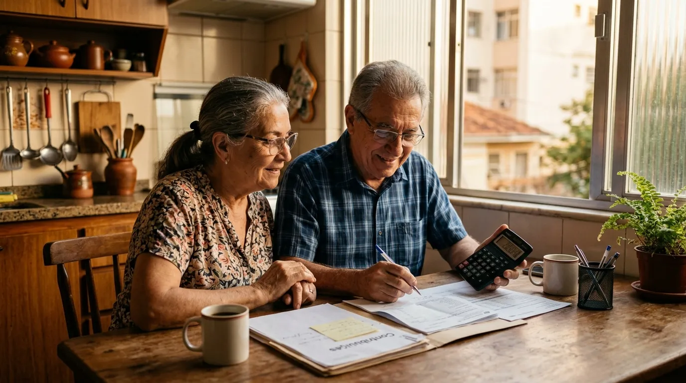 Casal de idosos sentado à mesa da cozinha analisando extratos de contribuição e usando uma calculadora, luz natural quente de fim de tarde entrando pela janela, expressão concentrada e esperançosa