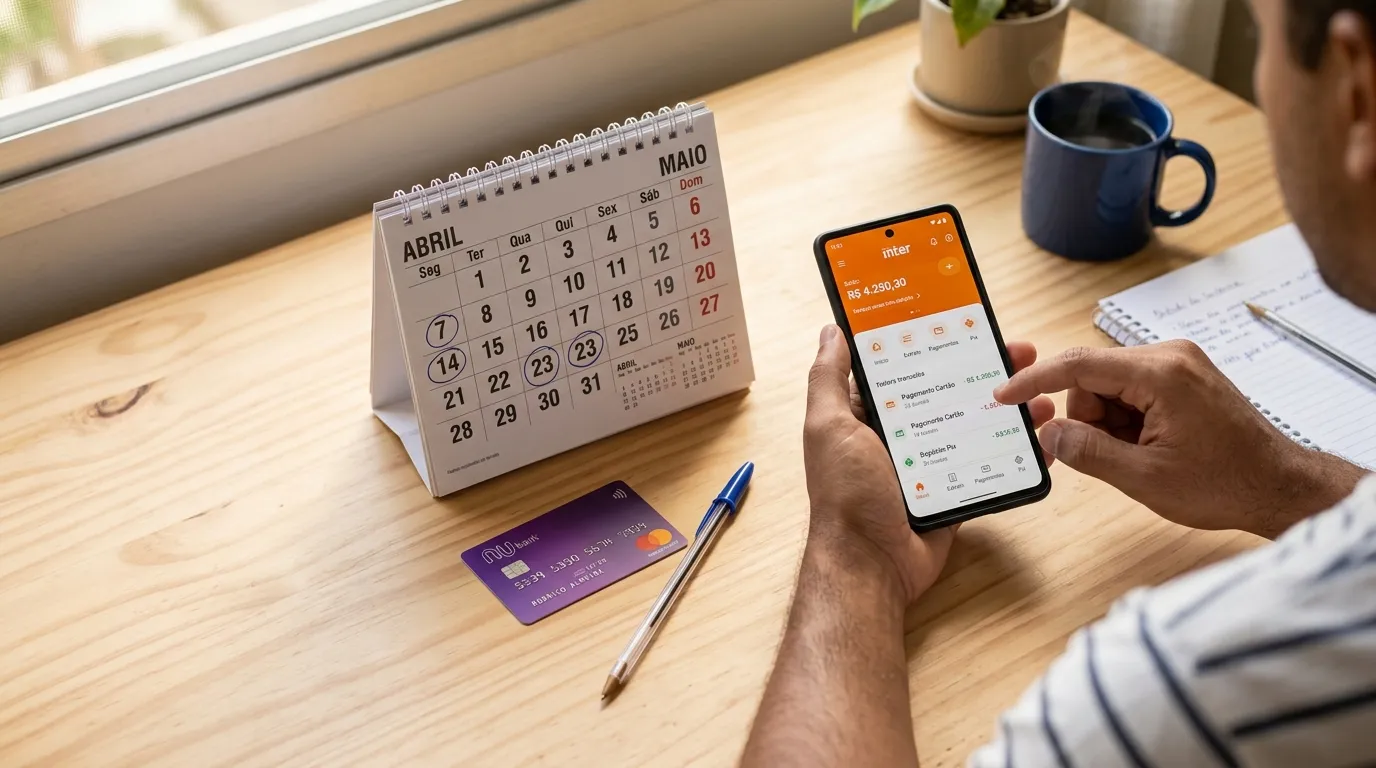 Calendário de mesa com algumas datas circuladas em caneta ao lado de um cartão de banco e um celular exibindo aplicativo bancário, mesa de madeira clara, luz da manhã, composição organizada vista de cima