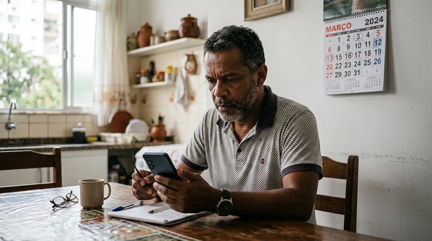 Homem de meia-idade sentado à mesa da cozinha conferindo um extrato de contribuições no celular, calendário de parede ao fundo, luz natural suave da manhã, expressão concentrada