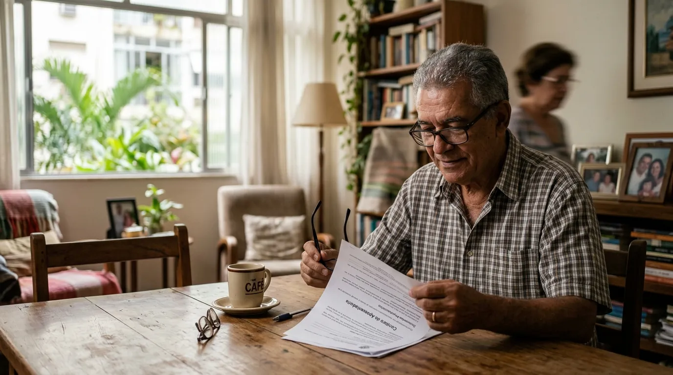 Aposentado de cabelos grisalhos sentado à mesa da sala conferindo um documento impresso com óculos de leitura na mão, luz natural suave vinda da janela, xícara de café ao lado e ambiente doméstico tranquilo ao fundo