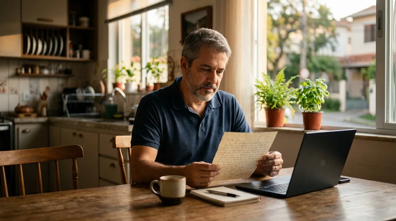 Homem de meia-idade sentado à mesa da cozinha lendo com atenção uma carta em papel, notebook aberto ao lado, luz quente de fim de tarde entrando pela janela ao fundo desfocado