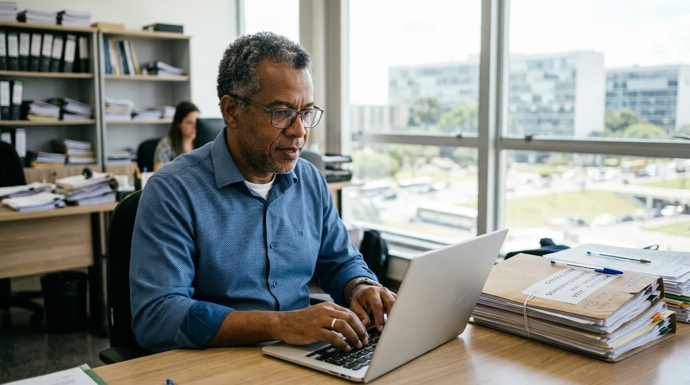 Servidor público de meia-idade em um escritório organizado, digitando em um notebook com documentos e uma pasta de papelada ao lado, luz natural clara vinda de uma janela ampla, expressão concentrada