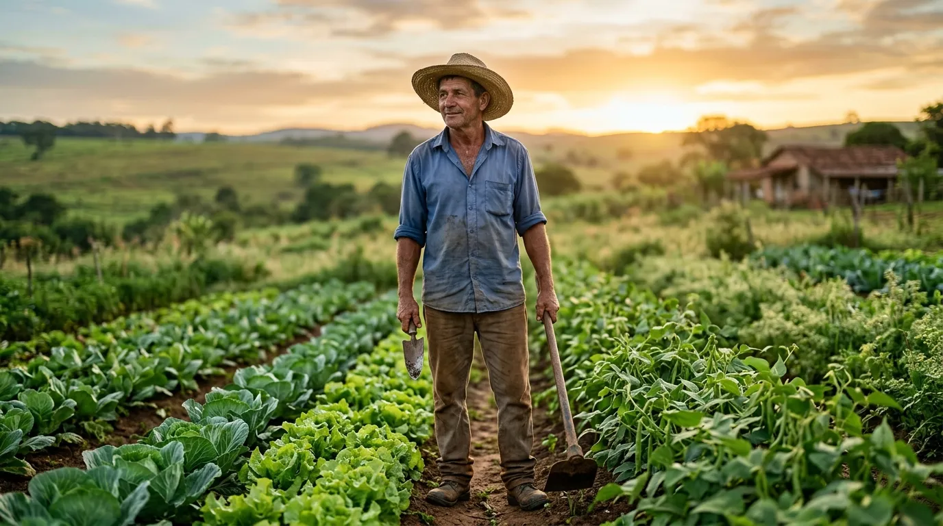 Agricultor de chapéu de palha em uma pequena plantação ao amanhecer, segurando ferramentas simples, luz dourada suave do sol nascente, campo verde ao fundo levemente desfocado, expressão serena e trabalhadora