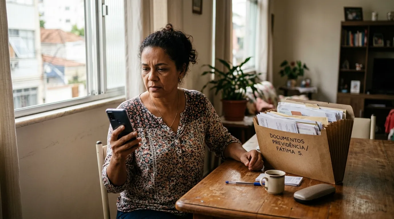 Mulher adulta sentada à mesa de casa conferindo extrato previdenciário no celular com pasta de documentos ao lado, luz natural suave de janela, expressão concentrada