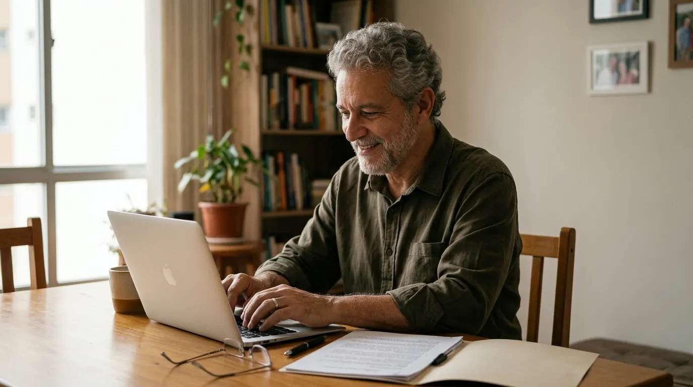 Homem de cabelos grisalhos sentado à mesa de casa usando um notebook com expressão tranquila, documentos e óculos ao lado, luz natural suave da manhã entrando pela janela, ambiente doméstico simples desfocado ao fundo