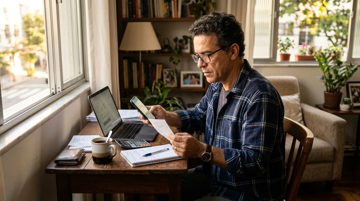 Homem autônomo de meia-idade sentado em uma pequena escrivaninha em casa consultando o celular e um comprovante impresso, luz quente de fim de tarde entrando pela janela, xícara de café ao lado, ambiente aconchegante levemente desfocado ao fundo