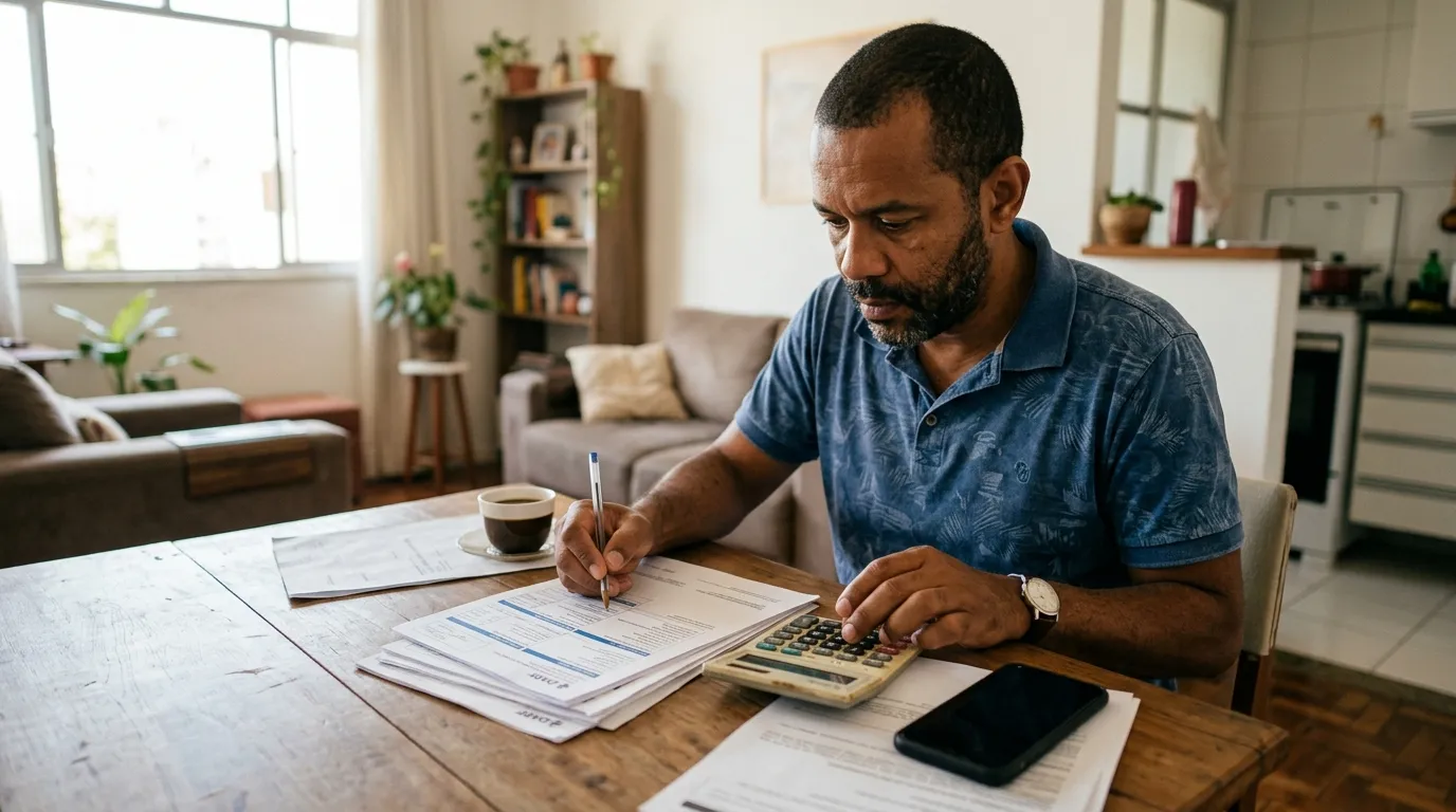 Trabalhador autônomo sentado à mesa de casa conferindo guias de pagamento e uma calculadora, celular ao lado, luz natural de janela pela manhã, expressão concentrada, ambiente doméstico simples desfocado ao fundo