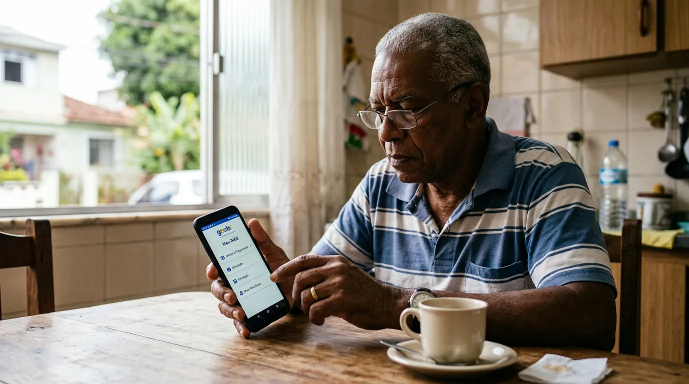 Senhor idoso sentado à mesa da cozinha consultando o aplicativo Meu INSS em um celular, óculos de leitura, luz natural suave da janela, expressão concentrada, xícara de café ao lado