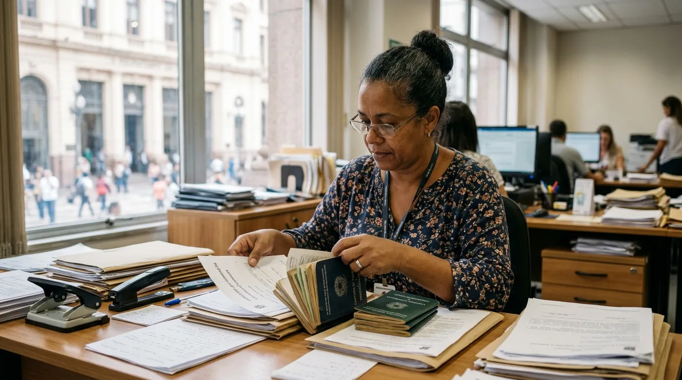 Mulher de meia-idade em um escritório público organizando certidões e documentos de tempo de trabalho sobre a mesa, prédio público ao fundo levemente desfocado, luz natural suave, expressão concentrada