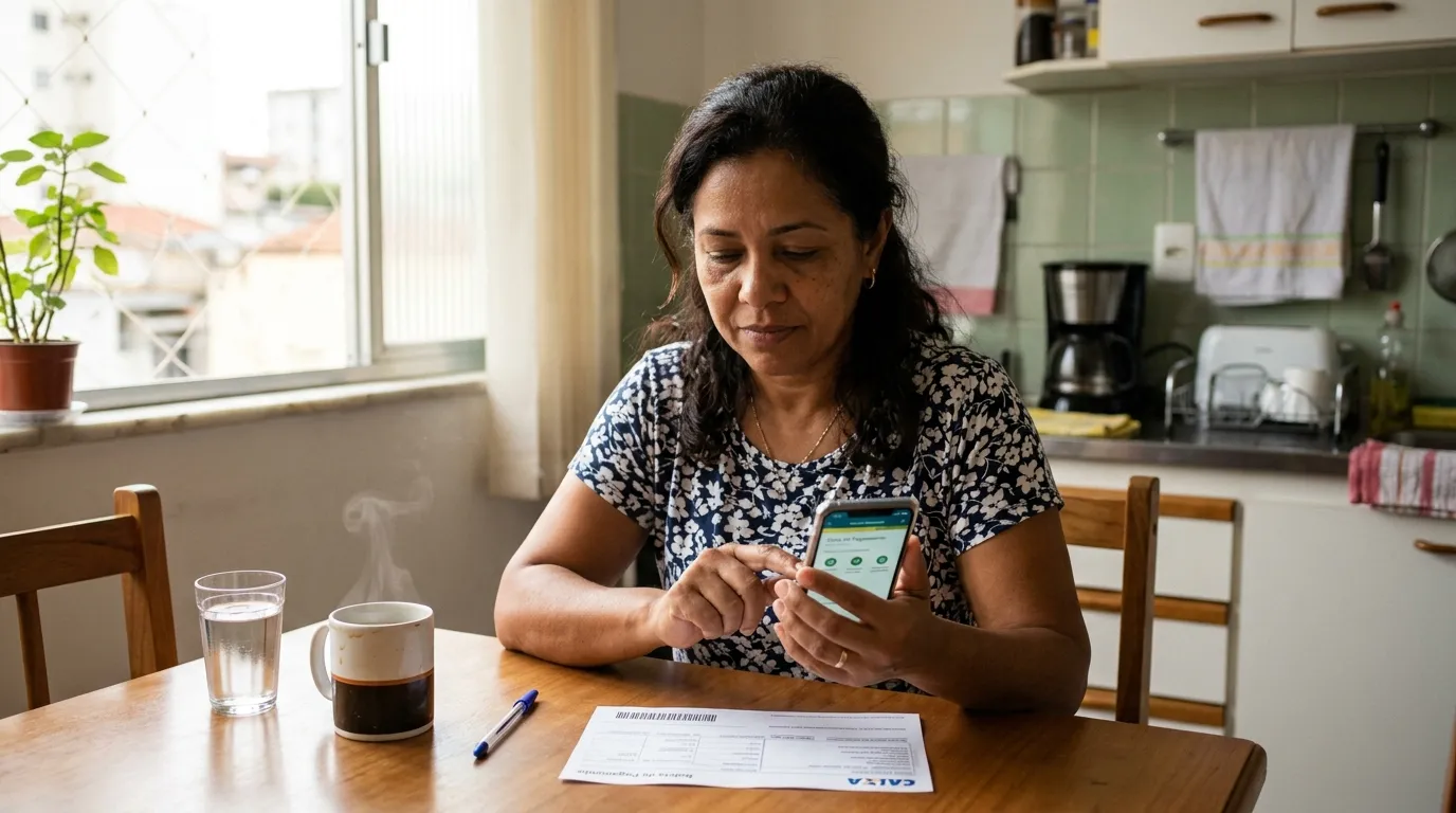 Dona de casa de meia-idade sentada à mesa da cozinha usando o celular para gerar uma guia de pagamento, luz natural suave da manhã entrando pela janela, ambiente simples e organizado ao fundo levemente desfocado, expressão concentrada e tranquila