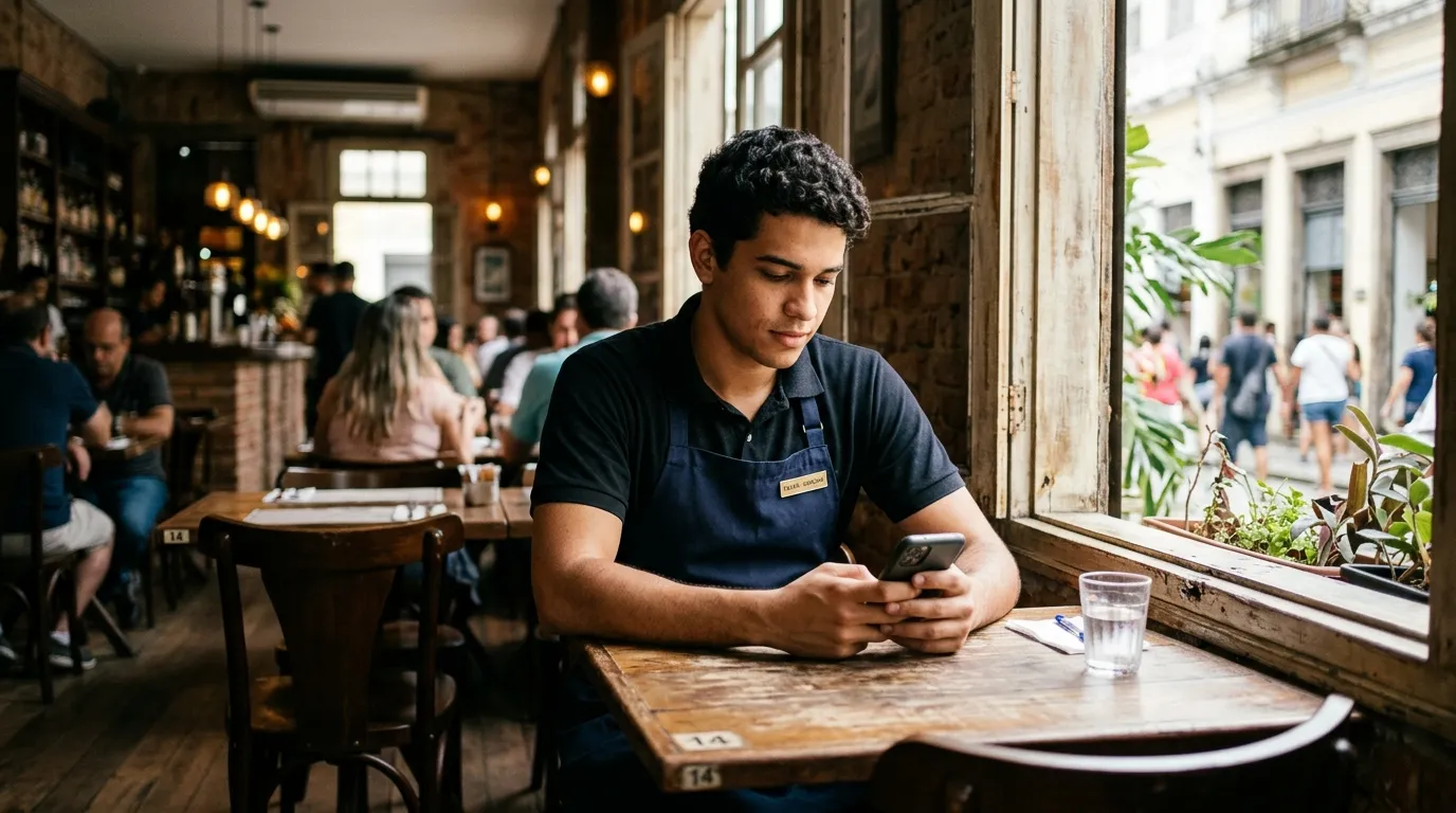 Jovem garçom com uniforme em um restaurante conferindo a escala de horários no celular durante uma pausa, luz natural da janela do estabelecimento, expressão pensativa