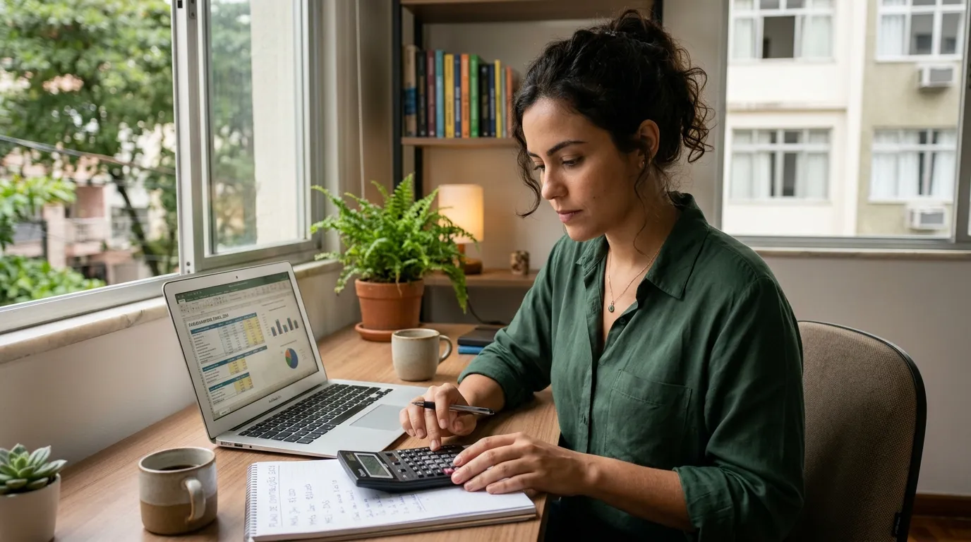Jovem profissional autônomo trabalhando em casa com notebook e calculadora sobre a mesa, planejando as contribuições, luz natural suave de janela ao lado, ambiente de home office organizado e desfocado ao fundo, expressão concentrada e confiante