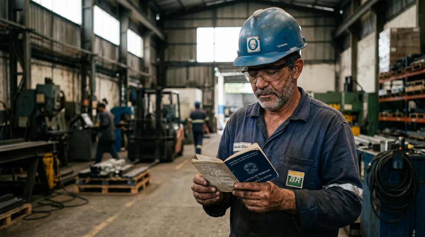 Trabalhador de meia-idade com capacete de segurança em um galpão industrial, olhando para uma carteira de trabalho em suas mãos, luz industrial suave, fundo levemente desfocado com equipamentos