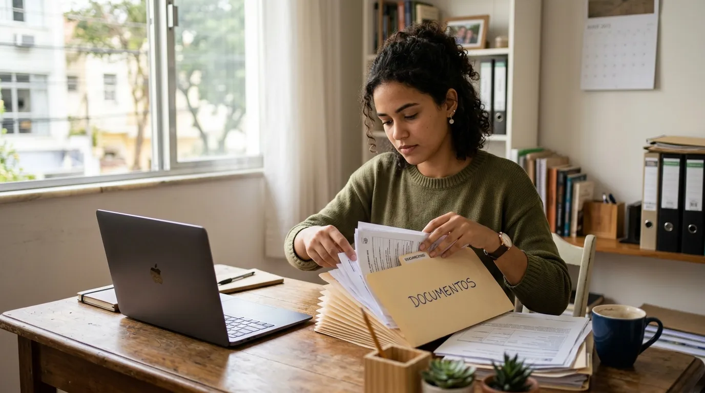 Mulher jovem organizando uma pasta de documentos sobre a mesa de um escritório simples e iluminado, luz natural suave, notebook fechado ao lado, expressão atenta e determinada