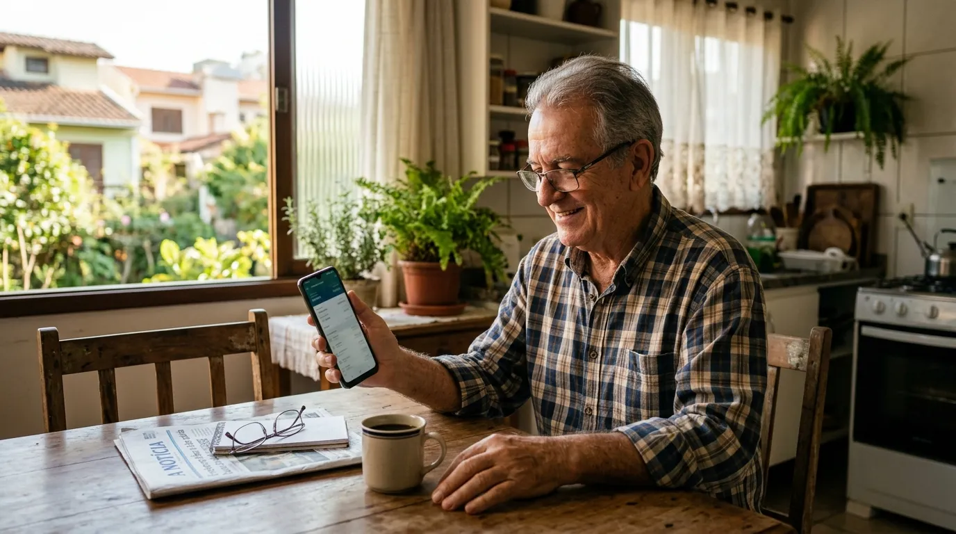 Senhor aposentado sorridente conferindo o extrato bancário no celular sentado à mesa da cozinha, luz da manhã entrando pela janela, xícara de café ao lado, expressão de alívio e satisfação