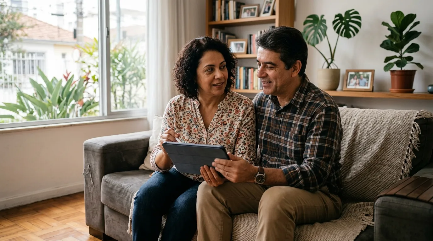 Casal de meia-idade sentado no sofá de casa preenchendo um formulário em um tablet, ambiente aconchegante, luz natural suave da janela, expressão tranquila e cúmplice