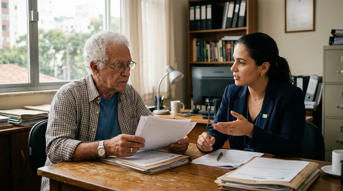 Senhor idoso de cabelos brancos sentado à mesa de um escritório de advocacia simples, conversando com uma advogada sobre documentos previdenciários, luz natural suave, expressão atenta e pensativa