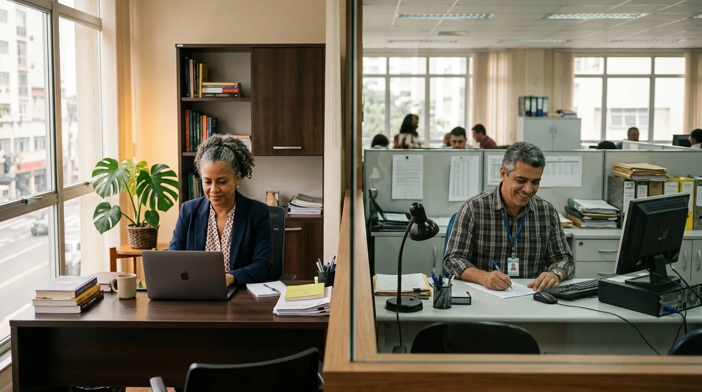 Duas pessoas de meia-idade trabalhando em ambientes distintos lado a lado, uma em escritório privado e outra em repartição pública, luz natural suave, composição equilibrada, expressão confiante