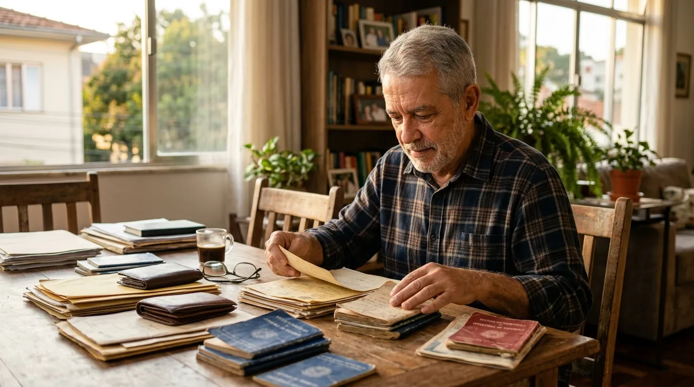 Homem de cabelos grisalhos em casa organizando documentos e carteiras de trabalho antigas sobre a mesa, luz natural quente de fim de tarde, expressão concentrada
