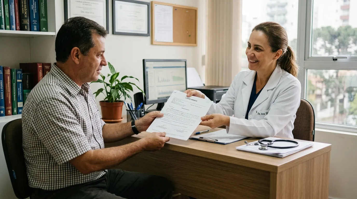 Médica de jaleco branco entregando um laudo médico a um paciente de meia-idade em consultório simples e bem iluminado, luz natural suave pela janela, expressão acolhedora, foco no documento em mãos