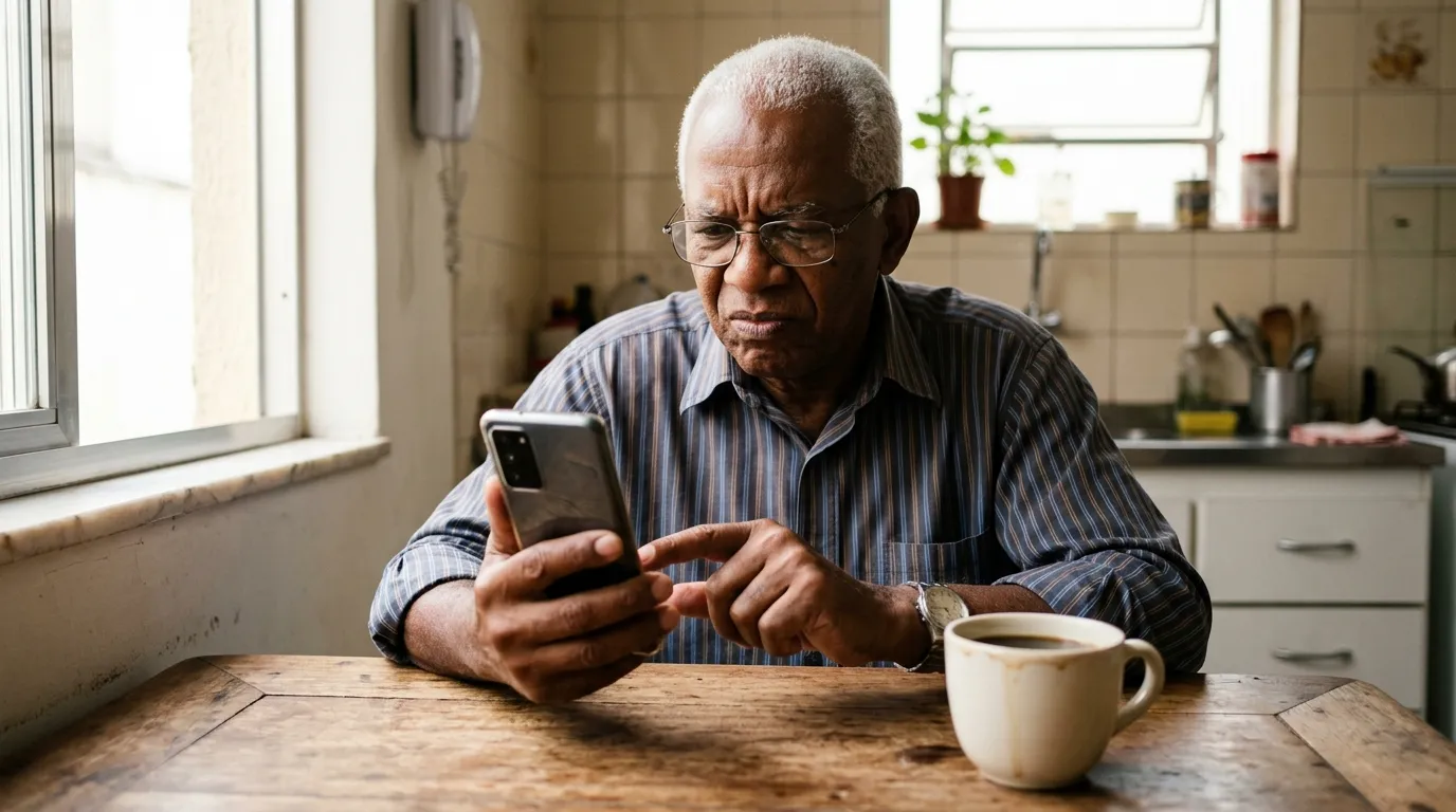 Senhor aposentado de óculos observando com atenção o extrato bancário no celular, sentado à mesa da cozinha, luz natural de manhã, expressão de dúvida, xícara de café ao lado desfocada