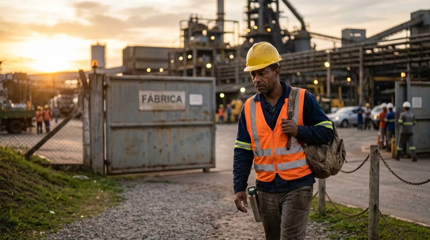 Trabalhador de capacete e colete refletivo saindo de uma fábrica ao entardecer, expressão pensativa, luz quente lateral, portão da empresa desfocado ao fundo