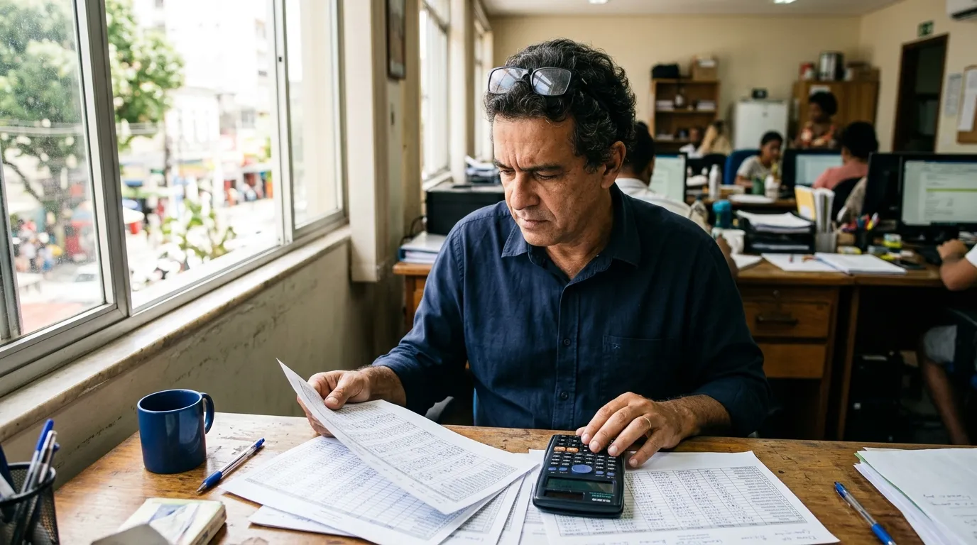 Homem de meia-idade sentado à mesa de um escritório revisando planilhas e uma calculadora científica, óculos apoiados na testa, luz natural suave vinda da janela, expressão concentrada e pensativa