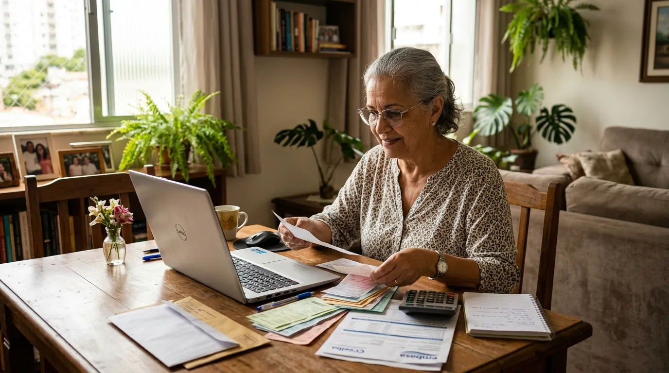 Senhora idosa de óculos sentada à mesa da sala organizando comprovantes de pagamento e um notebook aberto, luz natural suave da tarde, expressão atenta e tranquila