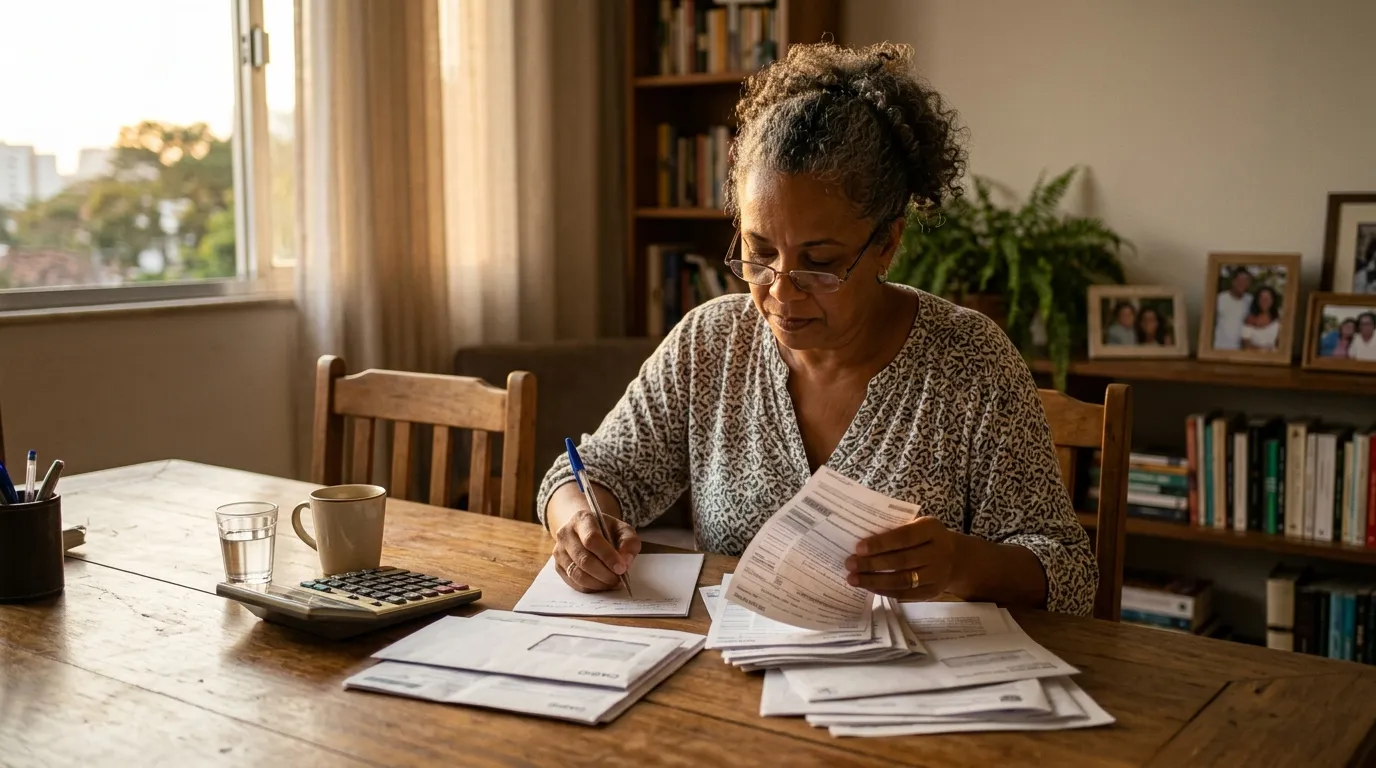 Mulher de meia-idade organizando guias de pagamento e documentos sobre uma mesa de madeira em casa, luz natural quente de fim de tarde, calculadora ao lado, expressão concentrada