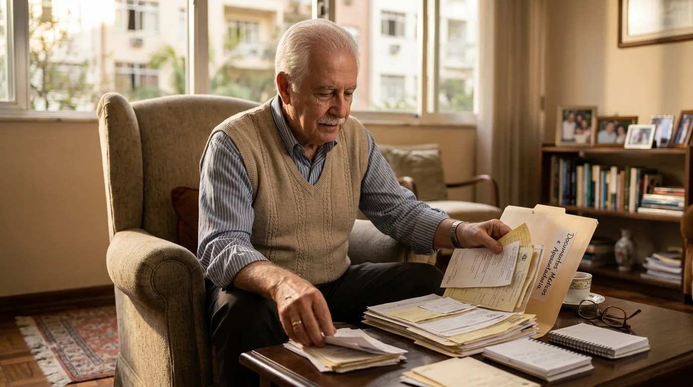 Senhor idoso sentado em uma poltrona de casa organizando uma pasta de documentos médicos e comprovantes de aposentadoria sobre uma mesinha de centro, luz natural suave da tarde, expressão serena e atenta