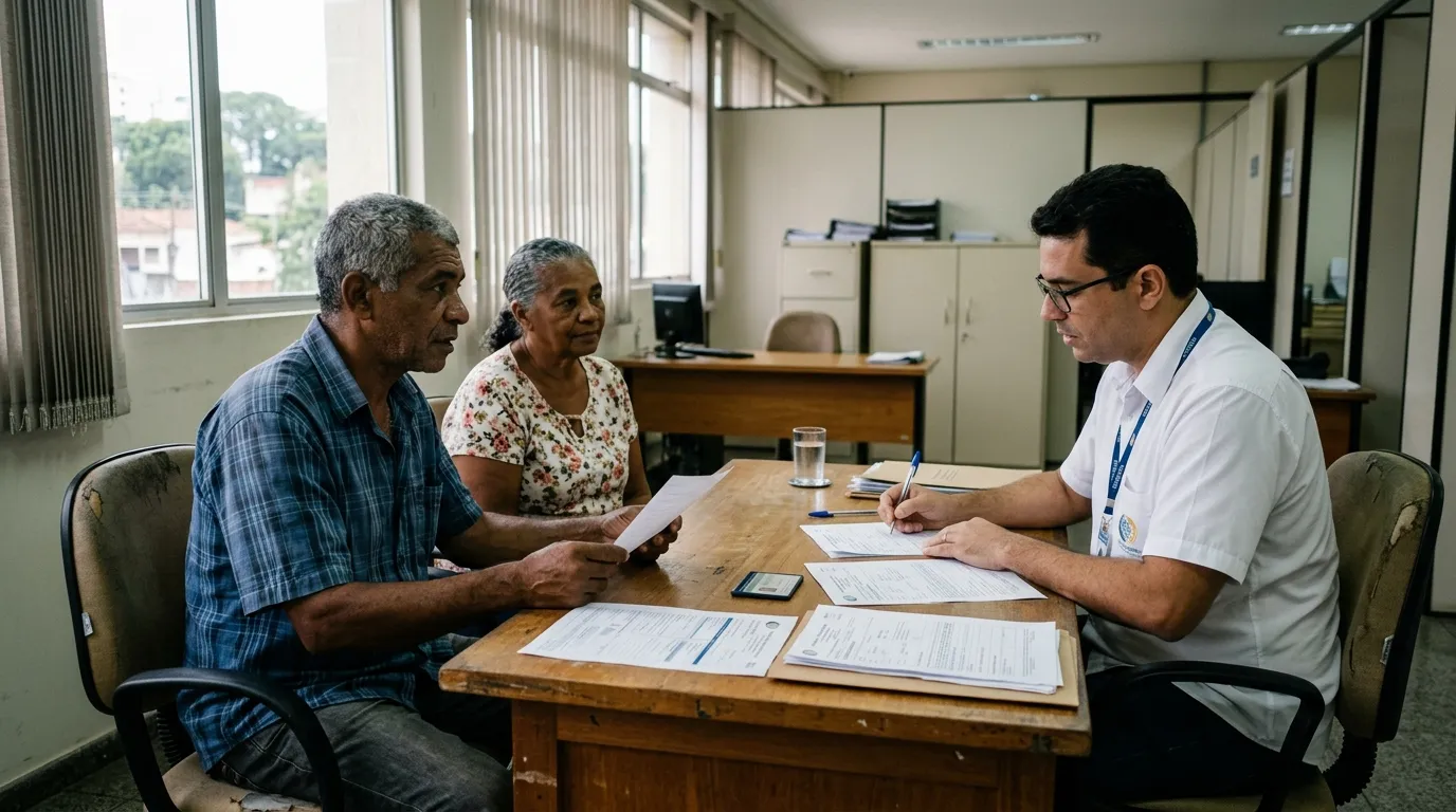 Homem adulto e uma testemunha sentados diante de um servidor em sala de atendimento do INSS, papéis e certidões sobre a mesa de madeira, luz natural suave da janela, ambiente sério e organizado