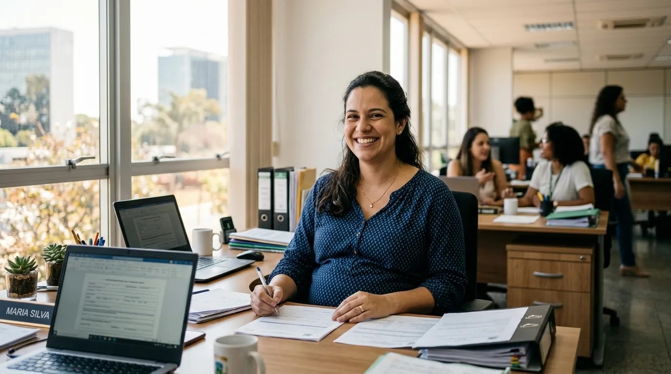 Servidora pública grávida sorrindo em um escritório claro e organizado, sentada à mesa com documentos, luz natural suave entrando pela janela, colegas desfocados ao fundo