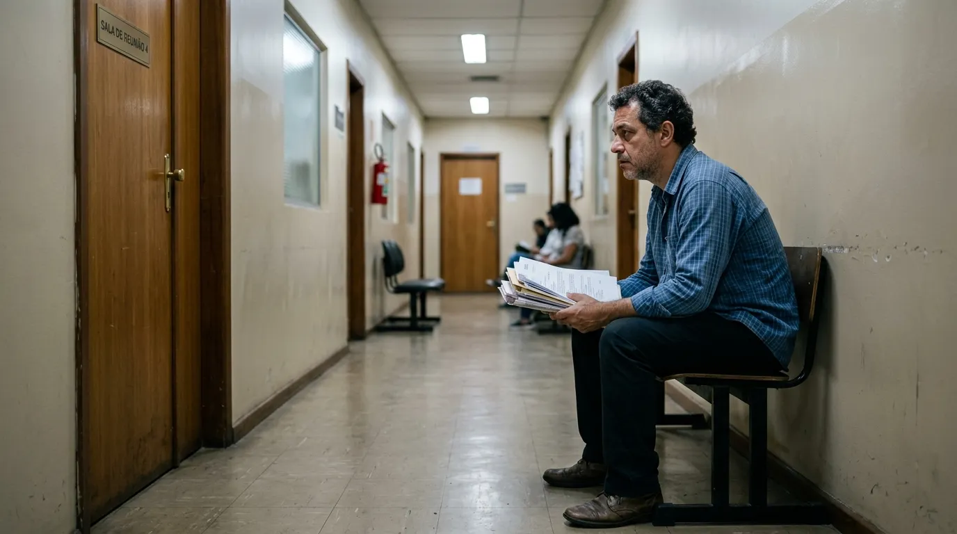 Trabalhador de meia-idade preocupado sentado num corredor de escritório, segurando papéis e olhando para uma porta fechada, luz fria de repartição, ambiente tenso e de espera