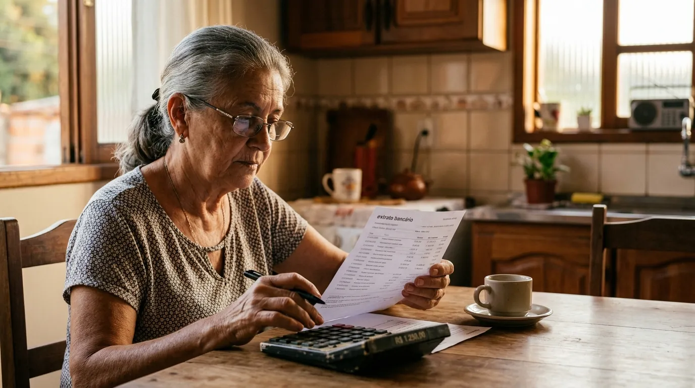 Senhora idosa em casa analisando um extrato bancário e uma calculadora sobre a mesa da cozinha, luz natural quente de fim de tarde, expressão pensativa e cuidadosa