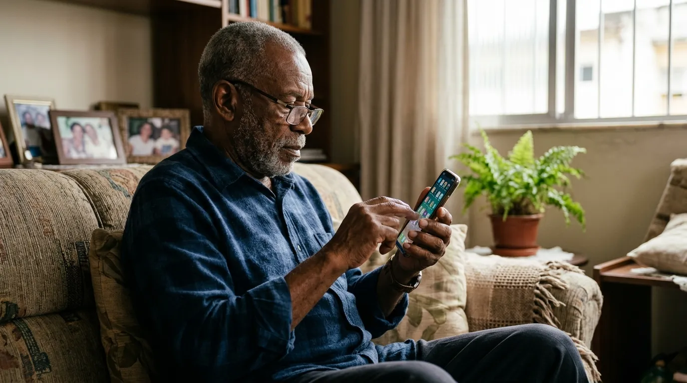 Senhor idoso sentado no sofá de casa segurando o celular com as duas mãos, óculos de leitura apoiados no nariz, luz natural suave da janela ao lado, expressão de atenção tentando acessar um aplicativo