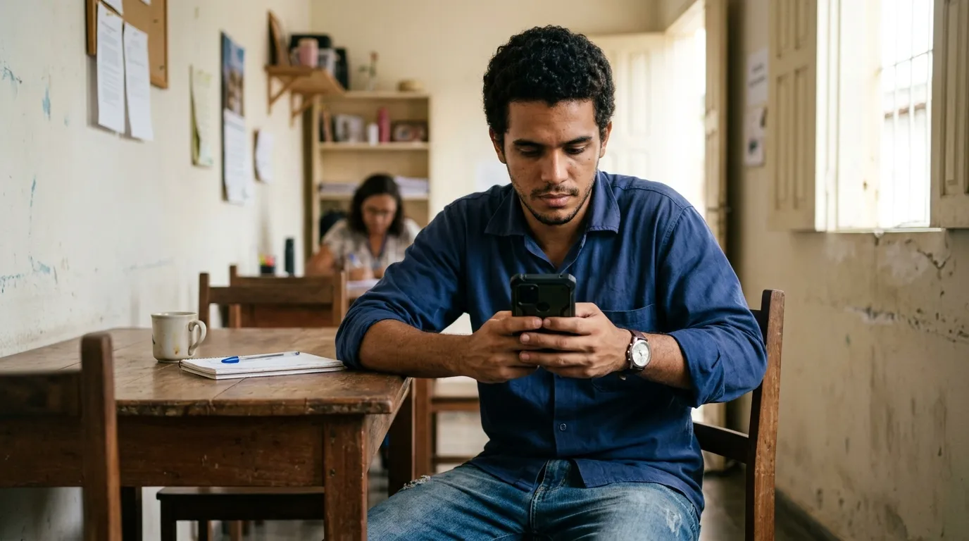 Jovem trabalhador consultando o celular com o aplicativo Meu INSS aberto, sentado em uma sala simples e bem iluminada, expressão concentrada, fundo levemente desfocado