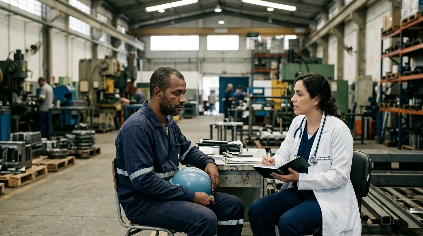 Trabalhador de uniforme em um galpão industrial sendo atendido por profissional de saúde do trabalho, luz artificial neutra, fundo levemente desfocado, expressão pensativa