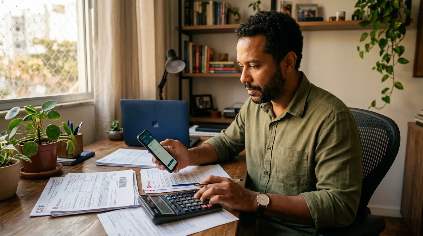 Homem adulto sentado em uma mesa de escritório em casa consultando o celular e uma calculadora ao lado de guias de pagamento, luz natural suave de fim de tarde, expressão atenta e organizada