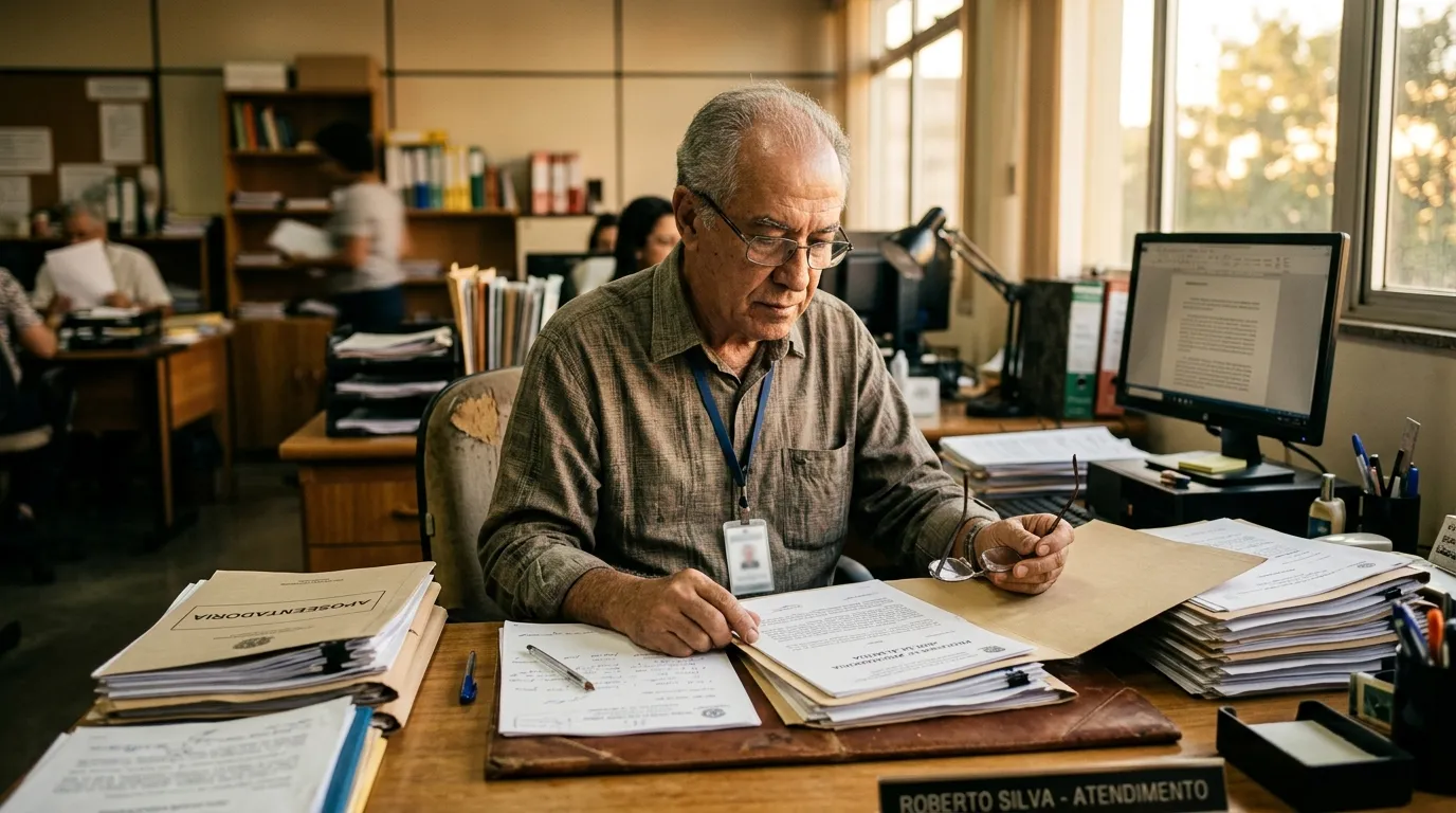 Servidor público idoso de cabelos grisalhos revisando documentos de aposentadoria em uma mesa de escritório, luz quente de fim de tarde, pilha de papéis organizada, expressão pensativa e concentrada