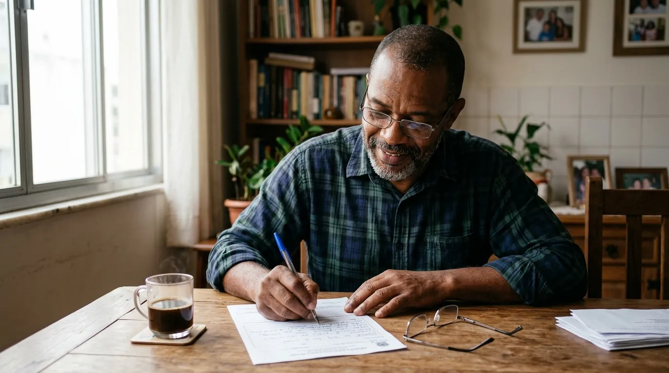 Homem de meia-idade sentado à mesa de casa preenchendo um formulário à mão, luz natural suave entrando pela janela, xícara de café e óculos ao lado, expressão concentrada e esperançosa