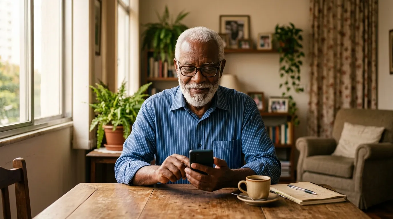 Senhor idoso de óculos sentado à mesa da sala conferindo o extrato bancário no celular com expressão tranquila, xícara de café ao lado, luz natural suave de fim de tarde entrando pela janela, ambiente doméstico aconchegante desfocado ao fundo