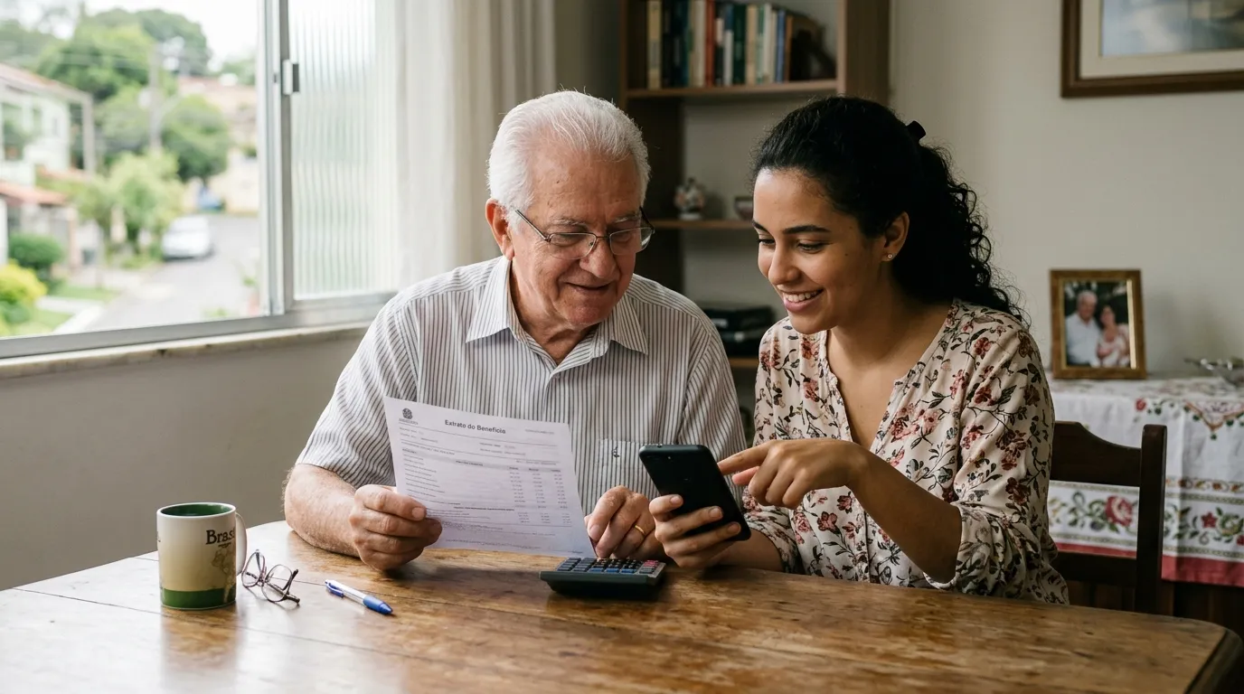 Senhor aposentado sentado à mesa conferindo o extrato do benefício ao lado de uma jovem que o ajuda com o celular, luz natural suave de manhã, ambiente doméstico organizado, clima calmo e cooperativo