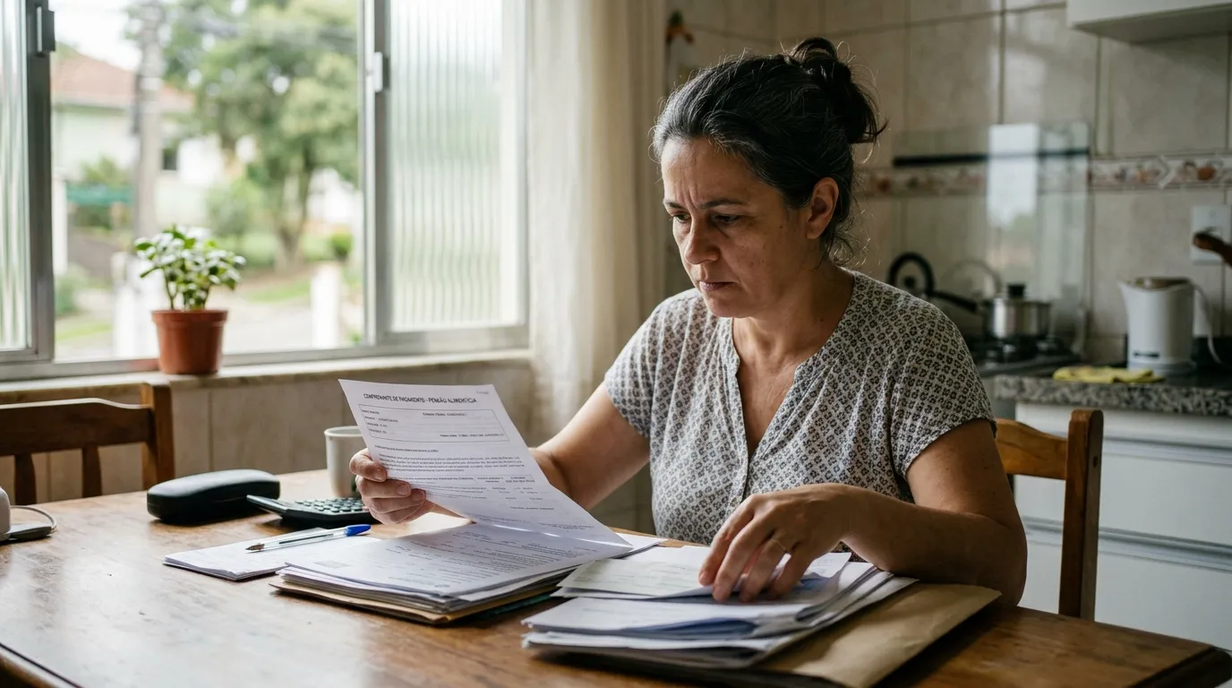 Mulher de meia-idade sentada à mesa da cozinha organizando documentos e um comprovante de pensão alimentícia, luz natural suave da manhã pela janela, expressão séria e concentrada, ambiente doméstico simples