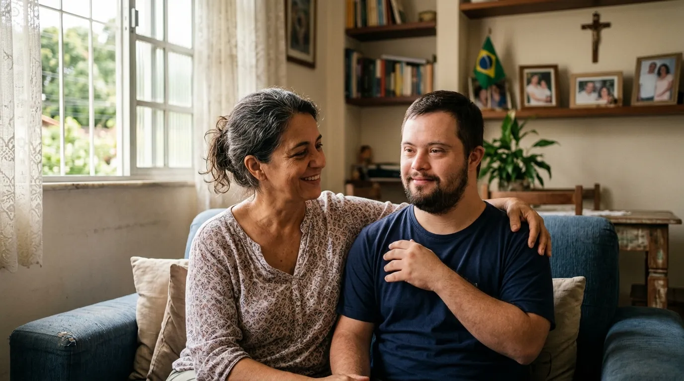 Mãe de meia-idade sentada em um sofá ao lado do filho adulto com deficiência, ambos com expressão serena, luz natural quente entrando pela janela da sala, ambiente doméstico acolhedor levemente desfocado ao fundo
