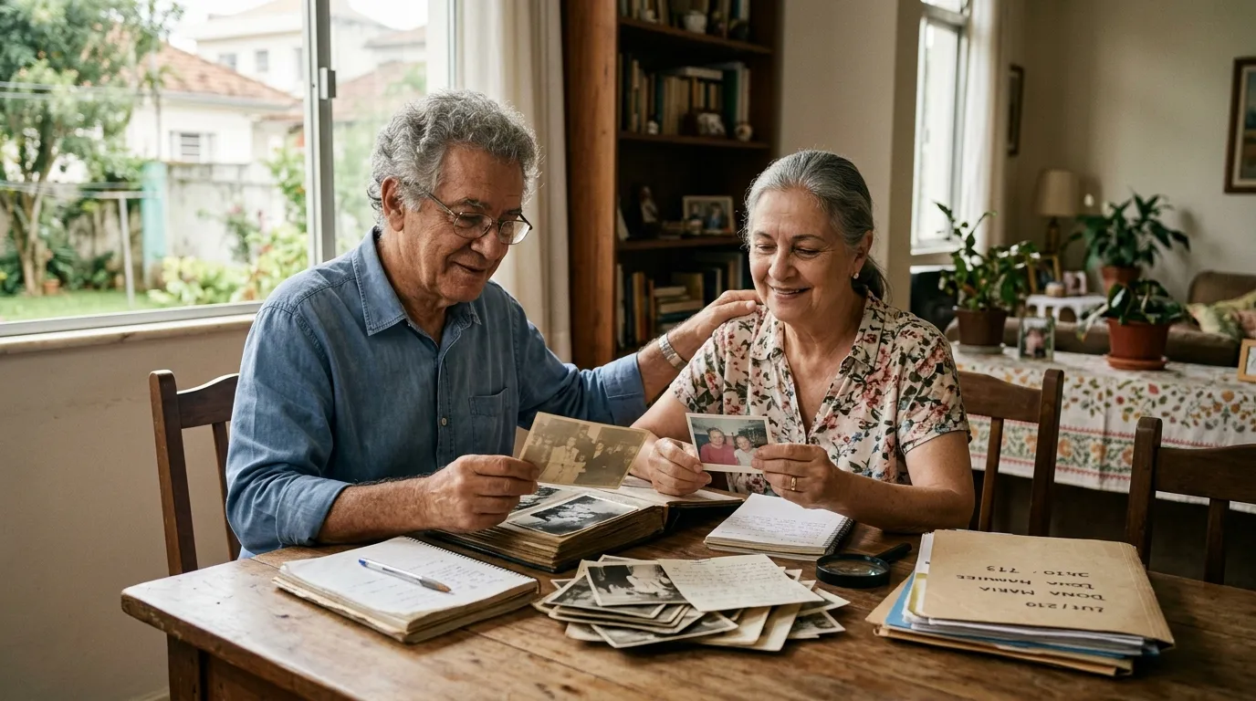 Casal de idosos sentado à mesa da sala de casa organizando documentos e fotografias de família, luz natural suave da tarde pela janela, expressão serena e reflexiva, ambiente doméstico simples ao fundo levemente desfocado